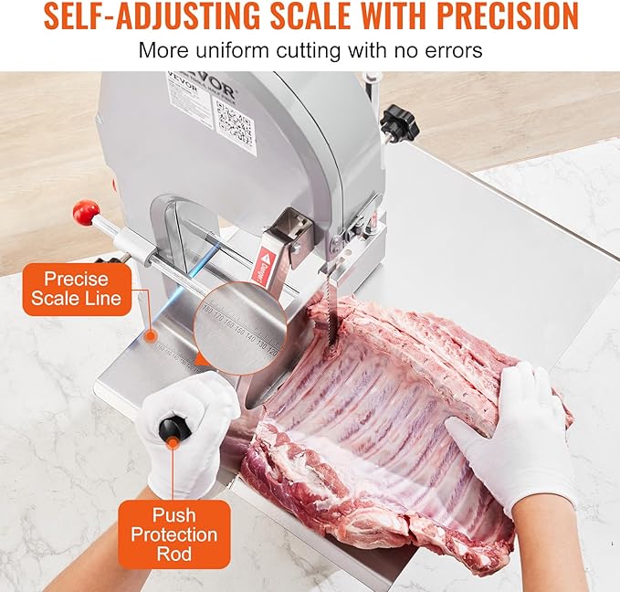 Commercial Electric Meat Bandsaw, 1500W Stainless Steel Countertop Bone Sawing Machine, Workbeach 19.3" x 15", 0.16-7.9 Inch Cutting Thickness, Frozen Meat Cutter with 6 Blades for Rib Pork Beef