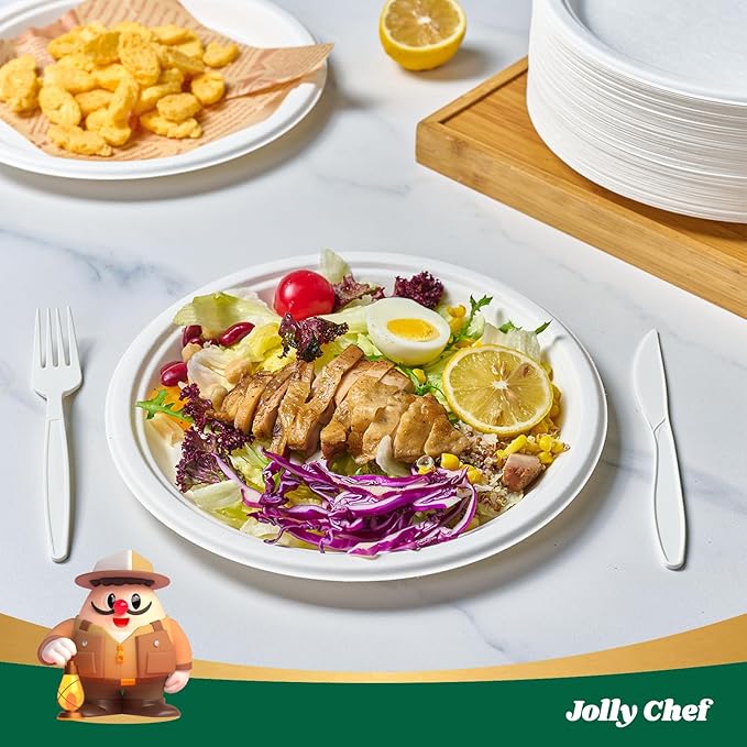 JOLLY CHEF 100% Compostable Paper Plates, 150 Pack 10 Inch Heavy Duty Plates, Disposable Biodegradable Eco-Friendly Sugarcane, Bulk White