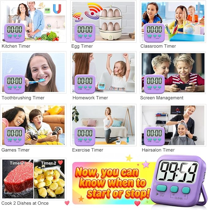 Antonki 2 Pack Digital Timer for Kids, Magnetic Countdown Kitchen Timers for Cooking, Egg, Classroom, Teacher, Exercise, Study, Oven - Battery Included