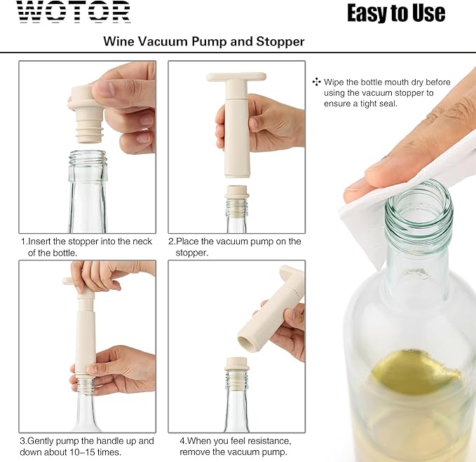 WOTOR Wine Stoppers Vacuum, Wine Saver, Wine Pump Vacuum Stoppers, Wine Preserver, Reusable Bottle Sealer Keeps Wine Fresh (Cream, 6 Pieces)