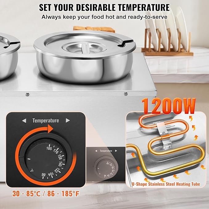 VEVOR Electric Soup Warmer, Dual 7.4QT Stainless Steel Round Pot 86~185°F Adjustable Temp, 1200W Commercial Bain Marie with Anti-Dry Burn and Reset Button, Soup Station for Restaurant, Buffet, Silver