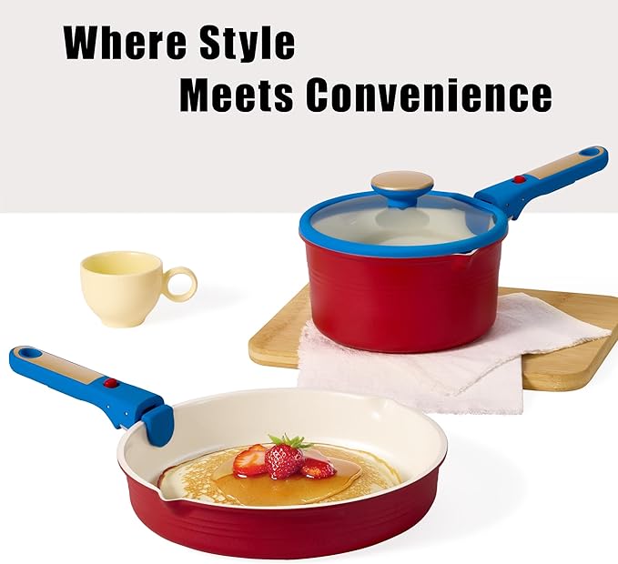 CAROTE 5Pcs Titanium Cookware Set, Pots and Pans Set Non Stick, Kitchen Cooking Set with Detachable Handle, Non Toxic Induction Cookware, Dishwasher/Oven Safe，Memphis Design