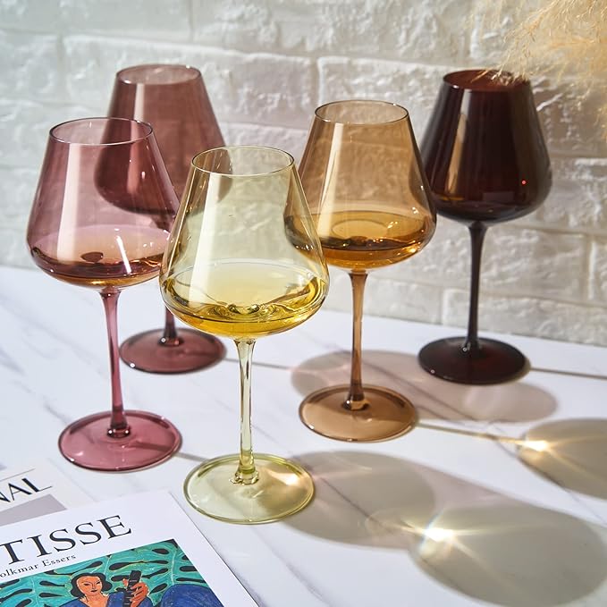 Terracotta Mars Collection Colored Crystal Wine Glass Set of 5, Gift For Him, Mom Dad Friend - 20 oz Glasses, Unique Italian Style Tall Drinkware - Red & White, Beautiful Glassware