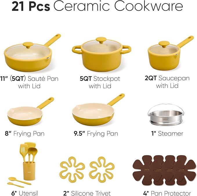 CAROTE 21pcs Cookware Set Nonstick Pots and Pans Set, Ceramic Cookware Set Induction Cookware, Non toxic Healthy Non Stick Kitchen Cooking Set, PFAS PTFE Free