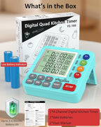 Digital Kitchen Timer for Cooking - 4 Channel Count Up Countdown Timer with Loud Alarm and Silent Mode, Large Display, Magnetic Back, Auto Memory for Classroom Study Gym, Battery Included (Mint Green)