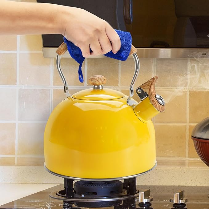 Tea Kettle,Whistling Tea Kettle Stovetop 2.6 Quart, Tea Pots for Stove Top Food Grade Stainless Steel,Wood Pattern Handle(Yellow),With Anti Scald Towel