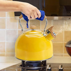 Tea Kettle,Whistling Tea Kettle Stovetop 2.6 Quart, Tea Pots for Stove Top Food Grade Stainless Steel,Wood Pattern Handle(Yellow),With Anti Scald Towel