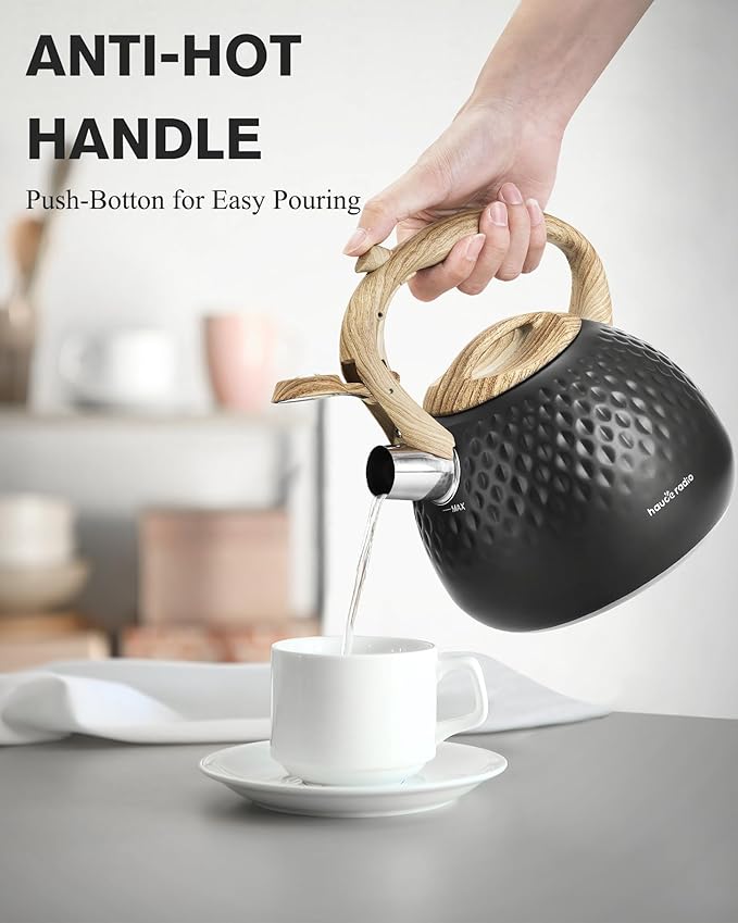 Hauce Radio Tea Kettle Stovetop,2.5QT Stainless Steel Whistling Teapot for Stove Top Aesthetic,Portable Water Kettles Camping with Anti-hot Silicone Handle,Suitable for All Heat Sources,Black