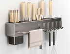 SEIDO Carbon Steel Utensil Rack – Space-Saving 16" L Kitchen Organizer with hooks & hanging bar, Gunmetal Gray Knife Holder, 2 Installation Options (Adhesive/Screwed)