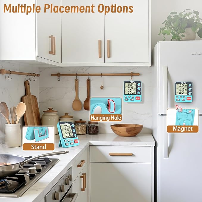 FCXJTU Digital Dual Triple Kitchen Timer, 3 Channels Magnetic Countdown Stopwatch Timer for Cooking, Loud Alarm Large Display Multi Food Memory Timer for Seniors & Teachers Battery Included (Blue)