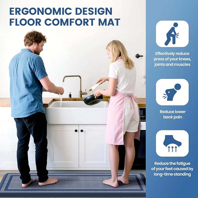 KitchenClouds [2 PCS Kitchen Rugs Cushioned Anti-Fatigue Kitchen Mats for Floor Waterproof Kitchen Rug Set Non-Slip Comfort Standing Mat for Office, Sink, Laundry 17.3"×28"+17.3"×60",Blue