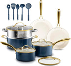 Gotham Steel 15 Pc Ceramic Pots and Pans Set Non Stick, Kitchen Cookware Sets, Pot and Pan Set, Ceramic Cookware Set, Non Toxic Cookware Set, Non Stick Pots and Pan Set, Dishwasher Safe - Navy
