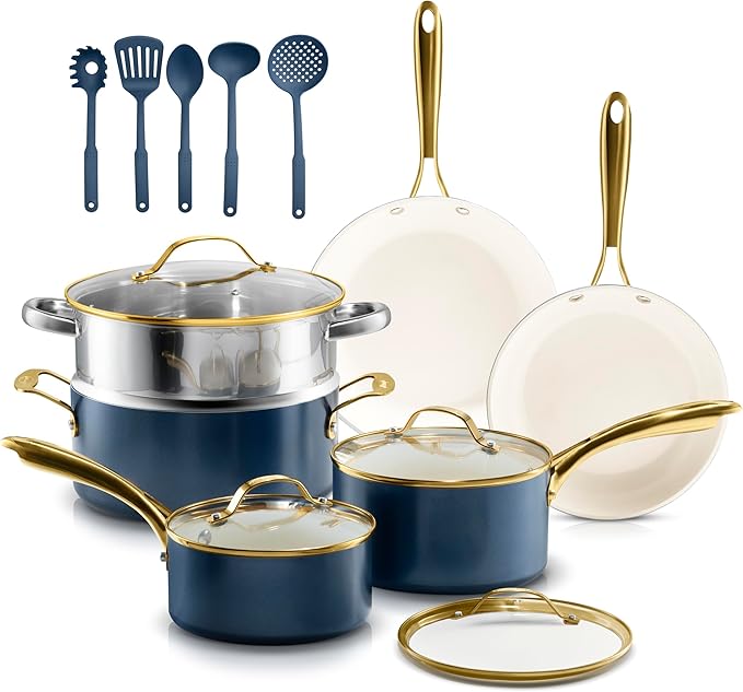 Gotham Steel 15 Pc Ceramic Pots and Pans Set Non Stick, Kitchen Cookware Sets, Pot and Pan Set, Ceramic Cookware Set, Non Toxic Cookware Set, Non Stick Pots and Pan Set, Dishwasher Safe - Navy