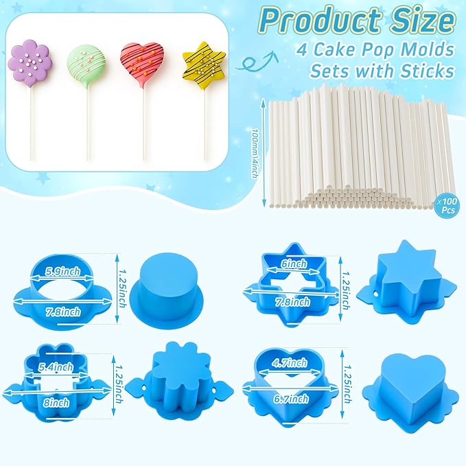 LemonRoad 4 Cake Pop Molds Sets with 100 Paper Sticks Cake Pop Cutter and Pusher 3D Printed Mold Shapes Press Star Heart Round Flower Baking Tools Kit for Birthday Wedding Party Desserts