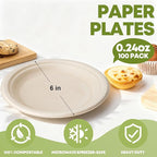 W&Y 100 Pack 6 Inch Disposable Small Paper Plates,Heavy Duty Dessert Plates - Compostable, Microwave-Safe, Leak-Proof, Ideal for Parties, Picnics & Daily Use
