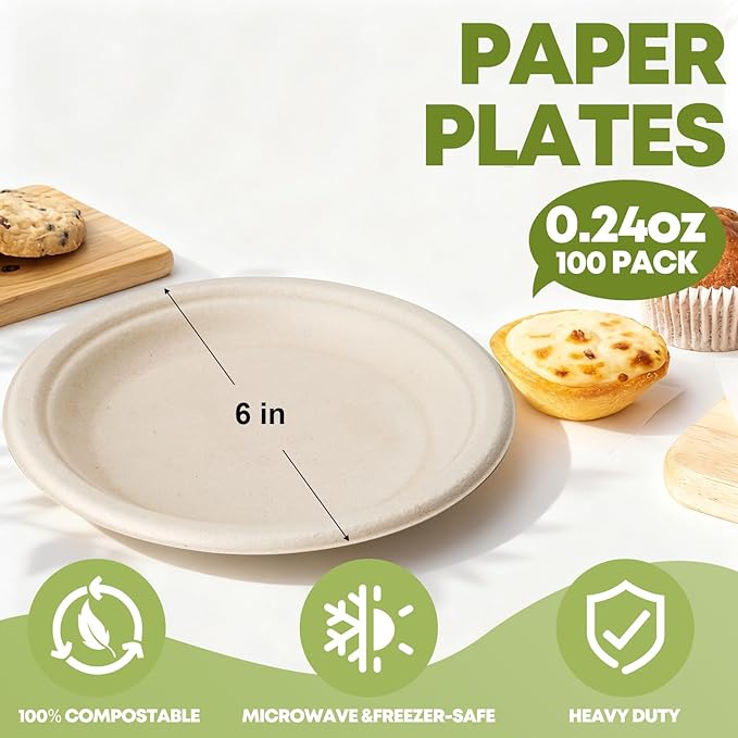 W&Y 100 Pack 6 Inch Disposable Small Paper Plates,Heavy Duty Dessert Plates - Compostable, Microwave-Safe, Leak-Proof, Ideal for Parties, Picnics & Daily Use