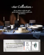 Famiware Star 24-Piece Plates and Bowls Set with Trim, Service for 8 - Stoneware Reactive Glaze Dinnerware, High Edge Ribbed Dishes, Chip & Scratch Resistant, Microwave & Dishwasher Safe, Nebulas Blue