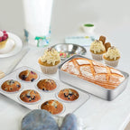 TeamFar Bakeware Sets, Stainless Steel Toaster Oven Baking Roasting Pans, Square/Round Cake Pan, Loaf Pan & Muffin Pan, Healthy & Heavy Duty, Smooth & Dishwasher Safe-5 PCS
