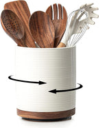 Utensil Holder, 360° Rotating Extra Large Ceramic Kitchen Utensil Holder for Countertop, 7.3“ Cooking Utensil Crocks for Kitchen Counter with Rotatable Wooden Base, Farmhouse Decor, White
