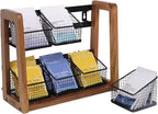 HTB 2 Tier Tea Organizer for Tea Bags, Tea Bag Holder with Acacia Wood Stand and 6 Removable Metal Basket for Sugar Packets, Sweeteners, Creamers for Cabinet, Countertop or Wall-mounted
