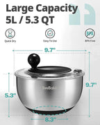Stainless Steel Salad Spinner with Storage Lid, 5.3 Qt, BPA-Free, 4-in-1 Multi-Functional Lettuce Spinner, Fruit & Vegetable Washer, Easy Clean, Stop Button, Non-Slip Base