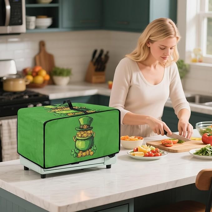 Clover Top Hat Gold Lucky Coin Print Toaster Oven Cover for St. Patrick's Day Decor, Microwave Cover for Kitchen Countertop Appliance Dust Protector Decorative Oven Accessories, Green, S