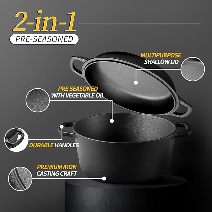 EDGING CASTING 2-in-1 Pre-Seasoned Cast Iron Dutch Oven Pot with Skillet Lid Cooking Pan, Cast Iron Skillet Cookware Pan Set with Dual Handles Indoor Outdoor for Bread, Frying, Baking, Camping, 7QT