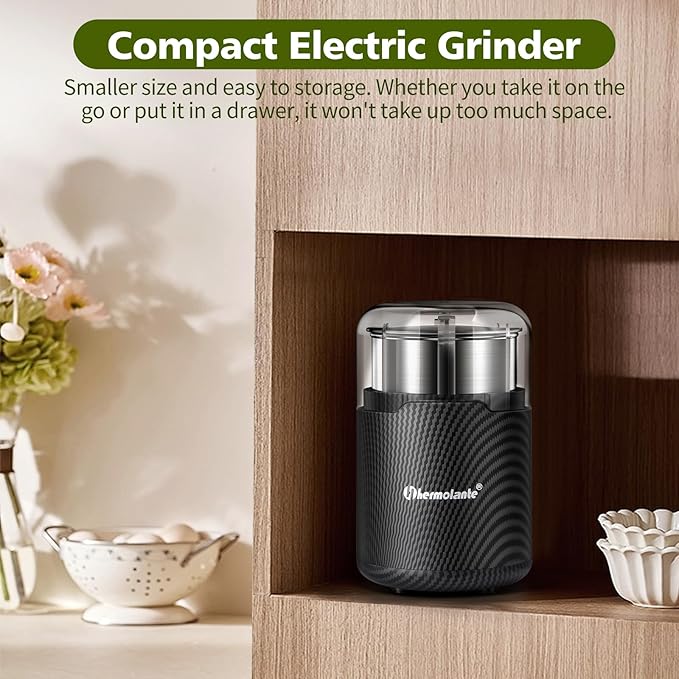 Hermolante 150W Electric Herb and Spice Grinder, 60g (2.1oz), 304 Stainless Steel Cup and Blade, Lid-Activated Safety Press-Top, Compact, Cleaning Brush Included, for Coffee Beans, Nuts, Seeds