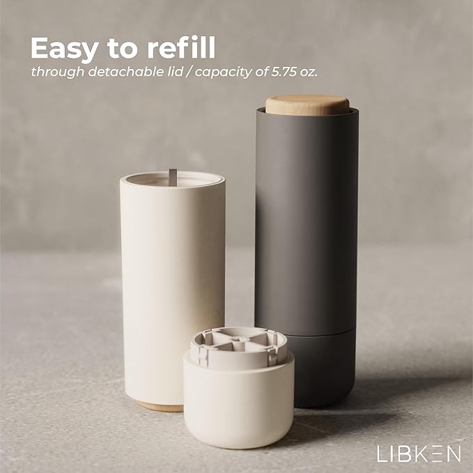LIBKEN Non-Spill Salt and Pepper Grinder Set - Adjustable Ceramic Grinder - Minimalistic Spice Mill - Easy to Refill Condiments Dispenser - Wood & Soft-Coated Plastic - 6.2 x 2.2 inch (White & Grey)