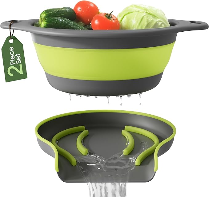 Gevoli Large Collapsible Colander with Self Draining Base - 5Qt Side Drain Food Strainer for Edge of Kitchen Sink (Patent Pending) Green (2 Piece Set)