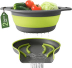 Gevoli Large Collapsible Colander with Self Draining Base - 5Qt Side Drain Food Strainer for Edge of Kitchen Sink (Patent Pending) Green (2 Piece Set)