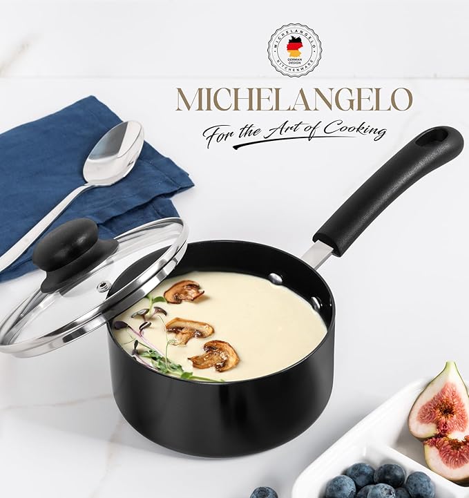 MICHELANGELO Nonstick Saucepan with Lid, Ceramic Sauce Pan Sets, Easy to Clean Sauce Pans, Multi-Purpose Cooking Pots, 1QT, Black