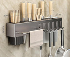SEIDO Carbon Steel Utensil Rack – Space-Saving 16" L Kitchen Organizer with hooks & hanging bar, Gunmetal Gray Knife Holder, 2 Installation Options (Adhesive/Screwed)