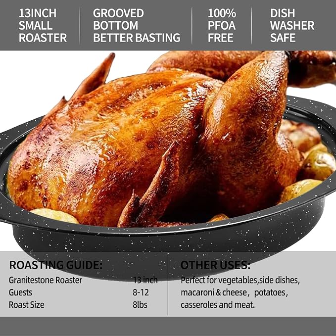 13” Granite Roasting Pan,Enameled Oval Roasting Pan with Domed Lid, Oval Turkey Roaster Pot, Broiler Pan Great - For Roasted Turkey, Chicken, Lamb, Vegetables 2026 Update