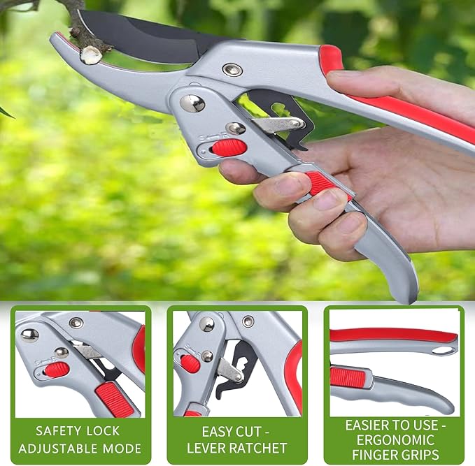 Garden clippers, premium Germany pruners, Work 3 times easier, professional ratchet pruning shears, cutting rose, flower, hedge, stem, tree, Sharp gardening scissors, Arthritis weak hand snips