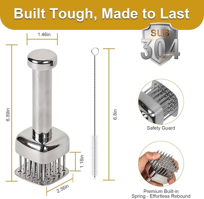 Meat Tenderizer Tool 304 Stainless Steel, Upgraded 28 Needles Desigh, Retractable Safety Guard, for Tenderizing Beef, Turkey, Chicken, Steak, Dishwasher Safe