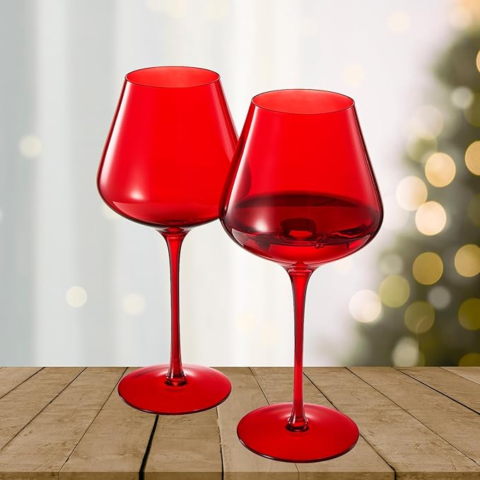 Red Ruby Crystal Wine Glasses Set of 2, Elegant 20oz Tall Drinkware, Glassware for Hosting and Gifting, Sophisticated Italian-Inspired Barware Party Gift to Wife, Mom, or Friend