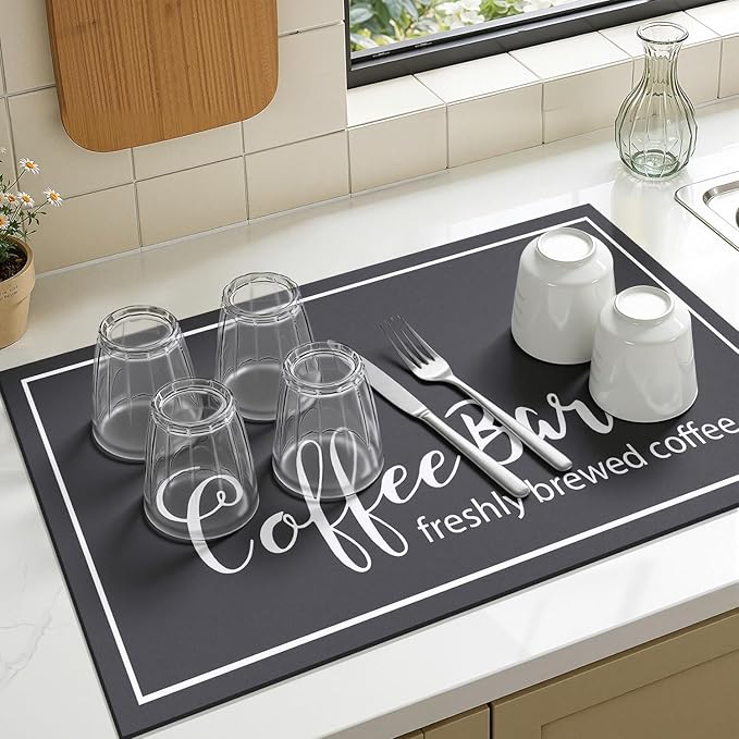 Findosom Dish Drying Mat, 12"x 20" Super Absorbent & Hide Stain Coffee Mat, Cuttable Drying Mat for Kitchen Counter, Coffee Bar Accessories, Under Dish Rack, Coffee Maker, Espresso Machine, DarkGrey