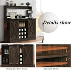 4ever2buy Farmhouse Coffee Bar Cabinet with 9 Wine Racks and 6 Hooks, 47 Inch Wine Cabinet with Storage, Kitchen Buffet Cabinet with Adjustable Shelves for Living Dining Room, Dark Oak