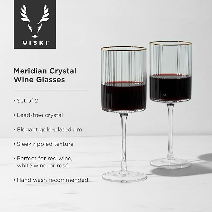 Viski Meridian Wine Glasses with Gold Rim, Crystal Drinking Glasses for Red and White Wines, Elegant Stemmed Glassware for Wedding Gifts, Birthday, Holiday, Dinner Party, Wine Lovers, 16 oz, Set of 2