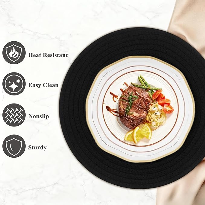 Round Placemats Set of 6, Cotton Rope Woven Table Mats, Hot Pads for Kitchen, Non Slip Heat Resistant Place Mats, 13 Inches Braided Placemat for Farmhouse Decor and Kitchen Table Decor (Black)