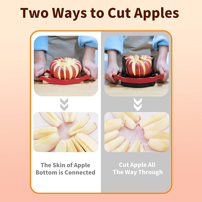 OOKUU Apple Slicer and Corer, [Large Size] 16-Blade Heavy Duty Apple Cutter with Base, [Upgraded] Cut Apples All The Way Through, Stainless Steel Ultra-Sharp Blade, Fruit & Vegetable Divider, Red