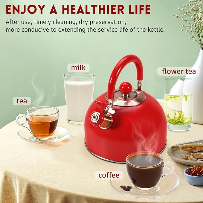 Tea Kettle,Whistling Tea Kettle Stovetop 2.6 Quart, Tea Pots for Stove Top Food Grade Stainless Steel,Wood Pattern Handle,Christmas Gift(Red),With Anti Scald Towel
