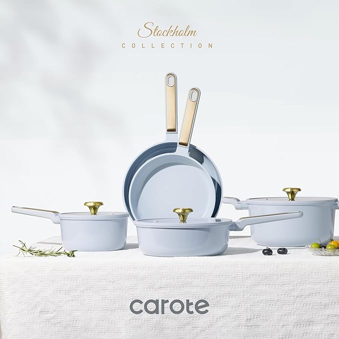 CAROTE Ceramic Cookware Set Nonstick, 14pcs Pots and Pans Set Nonstick, Non-Toxic & PFAS-Free, Dishwasher, RV/Camping Cookware Set, Cooking Pots with Lids, Pastel Blue