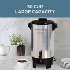 West Bend Coffee Urn Highly-Polished Aluminum Features Automatic Temperature Control with Cup Per Minute Brewing and Easy Clean Up Includes In-Basket Measuring Guide and Ready Light, 30-Cup, Silver