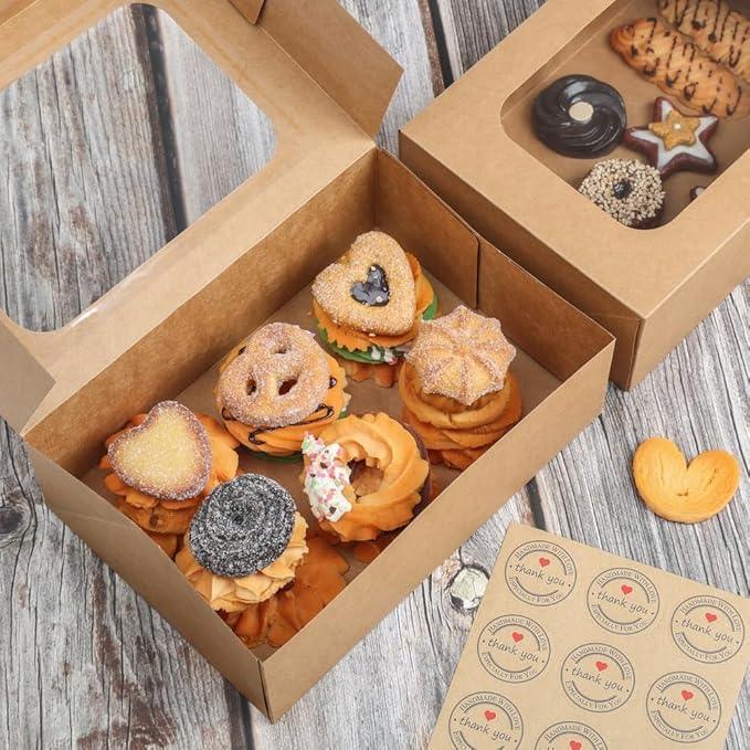 24 Pcs Cookie Boxes with Window for Paper Gift Giving Brown Bakery Gift Boxes 9 x 6.3 x 3 Inch, Easy Estate Holiday Packaging for Cookie, Cupcaked, Donuts & Pastries
