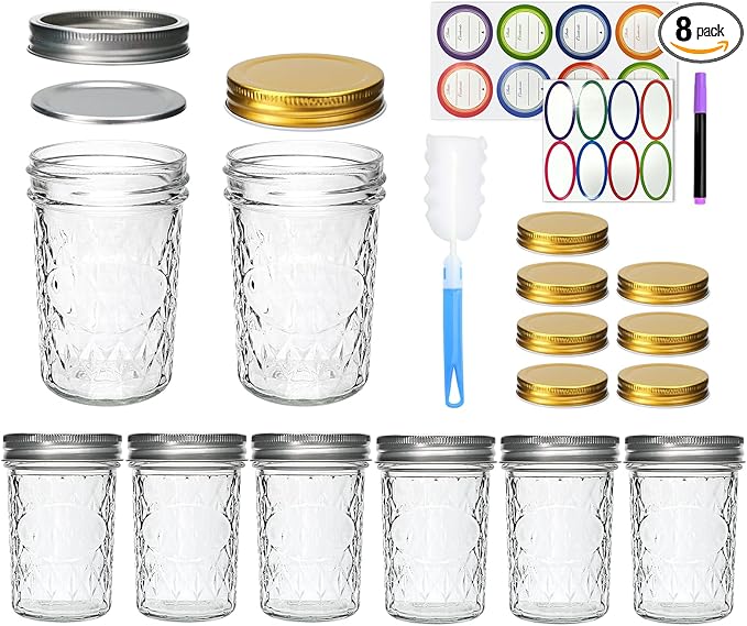 8oz Mason Jars,Canning Jars,Jam Jars for Jelly,Honey,Wedding Favors, Food Storage for Kitchen & DIY Gifts,with Lables,Pen and Sponge Brush,Set of 8