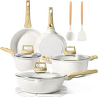 GiPP Pots and Pans Set Non Stick - 14 Pcs White Granite Kitchen Cookware Sets Nonstick Induction Cookware Cooking Pan Set with Frying Pans, Saucepans and Silicone Utensils, PFOS & PFOA Free