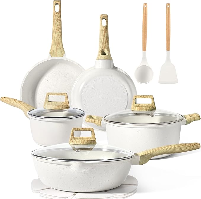 GiPP Pots and Pans Set Non Stick - 14 Pcs White Granite Kitchen Cookware Sets Nonstick Induction Cookware Cooking Pan Set with Frying Pans, Saucepans and Silicone Utensils, PFOS & PFOA Free