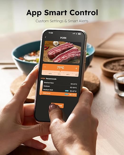 Wireless Meat Thermometer with App Control, 600FT Bluetooth Range, 6 Sensors, 0.5S Instant Read, LCD Display, IP67 Waterproof Real-Time Monitoring & Smart Alerts for BBQ, Grill, Oven
